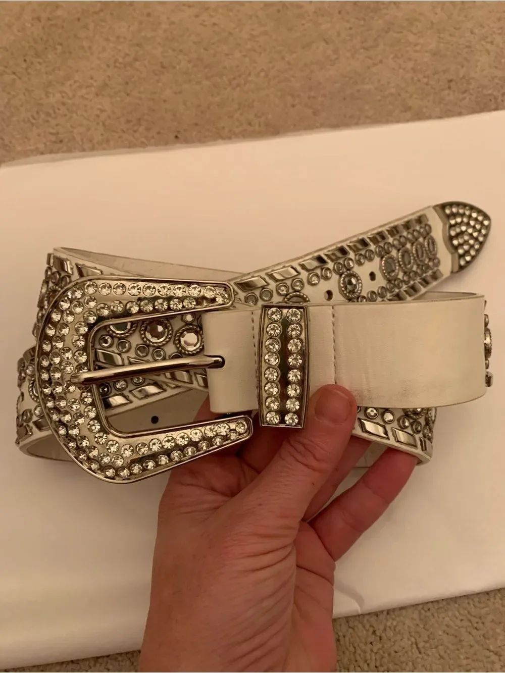 Vintage Studded Crystal Western Buckle Belt - White
